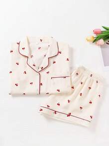 AICJ Conjunto de pijama para niña preadolescente con estampado de cerezas y ribete contrastante