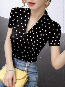 Maglietta a maniche corte con scollo a V, top elegante e alla moda da donna in seta sintetica, maglietta casual con stampa grafica aderente, abbigliamento da donna nero per vacanze estive - nero - Visualizzare 3