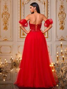 VIPGIRL Vestido de bola de princesa de manga abullonada con corsé de lentejuelas y tul rojo, vestidos de fiesta de quinceañera para mujer con hombros descubiertos, aspecto de lujo, vestido de noche formal, elegante vestido de fiesta, vestidos de noche para mujeres, para invitados de boda - Rojo - Ver 2