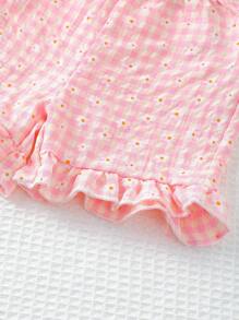 Cute Baby GirlFloral & Plaid Pattern Outfit, Elegant Style Baby Girl Must-Have Summer Clothing