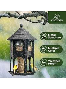 Comedero para pájaros de metal para colgar en exteriores, comederos de pájaros salvajes con percha circular, fácil de limpiar y rellenar, capacidad de semillas grande de 4 libras, color negro - Negro - Ver 2