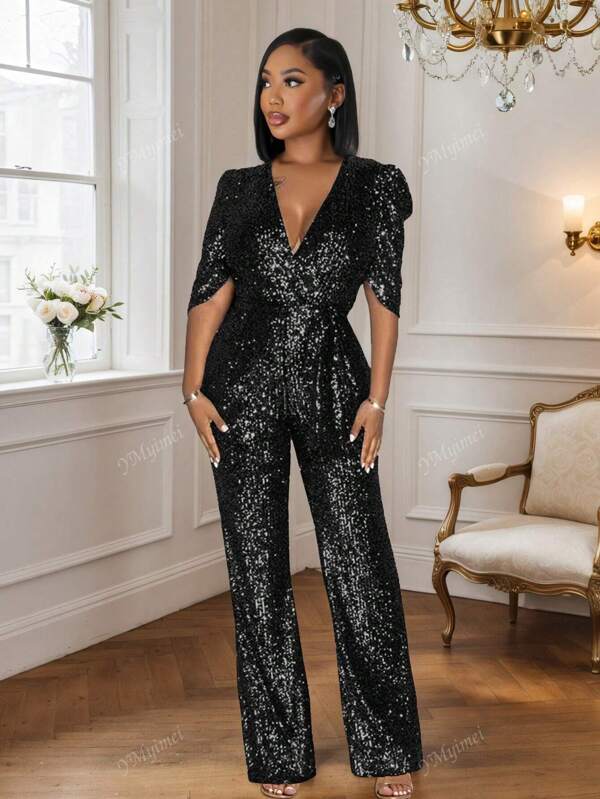 Mono elegante con cuello en V brillante para fiesta de mujer