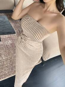 abyoxi Apricot Color Off Shoulder Waist Drawstring Tied Design Sexy Slim Fit Tube Top Midi Dress With Stripe Textured Fabric Casual Vacation Simple For Spring And Summer New Fashionable Women's Clothing