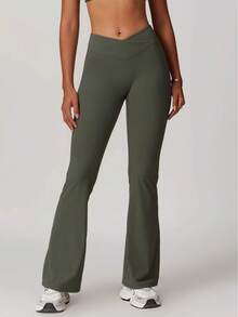 Mallas acampanadas de pierna ancha para mujer, pantalones acampanados de cintura alta para Yoga, baile, gimnasio, entrenamiento, deportes, longitud larga - Verde militar - Ver 3