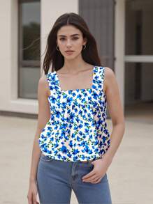 Women's Y2k Plaid Print Square Neck Spaghetti Strap Tank Tops Sleeveless Backless Ruffle Hem Camisole TopsStripe Print Camisole Wide Shoulder Strap Square Neck Flowy Hem Tops For Summer