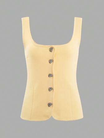 金属纽扣装饰纯色针织上衣，春夏款