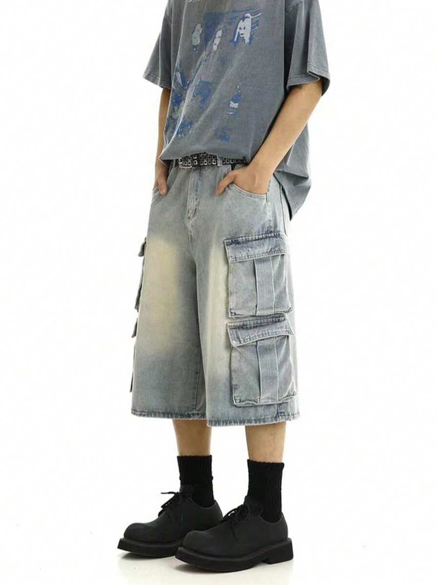 Men's Washed Light Color Cargo Denim Shorts, Multi-Pocket Loose Fit Casual Shorts For Teenagers, Summer - Light Wash - View 1