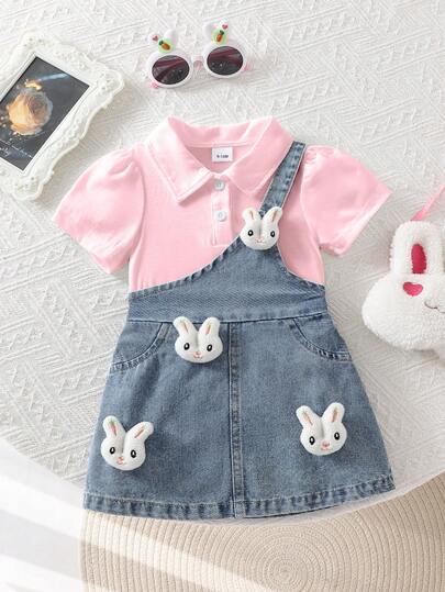 2pcs Baby Girls Ruffle Polo Shirt And Denim Skirt With 3D Rabbit Decor, Cute Outfit For Outdoor Play And Stylish Street Fashion