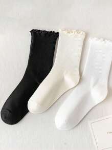 3 Pairs Black & White Lace Trim Mid-Calf Socks For Women, Comfortable Minimalist Versatile Daily Wear