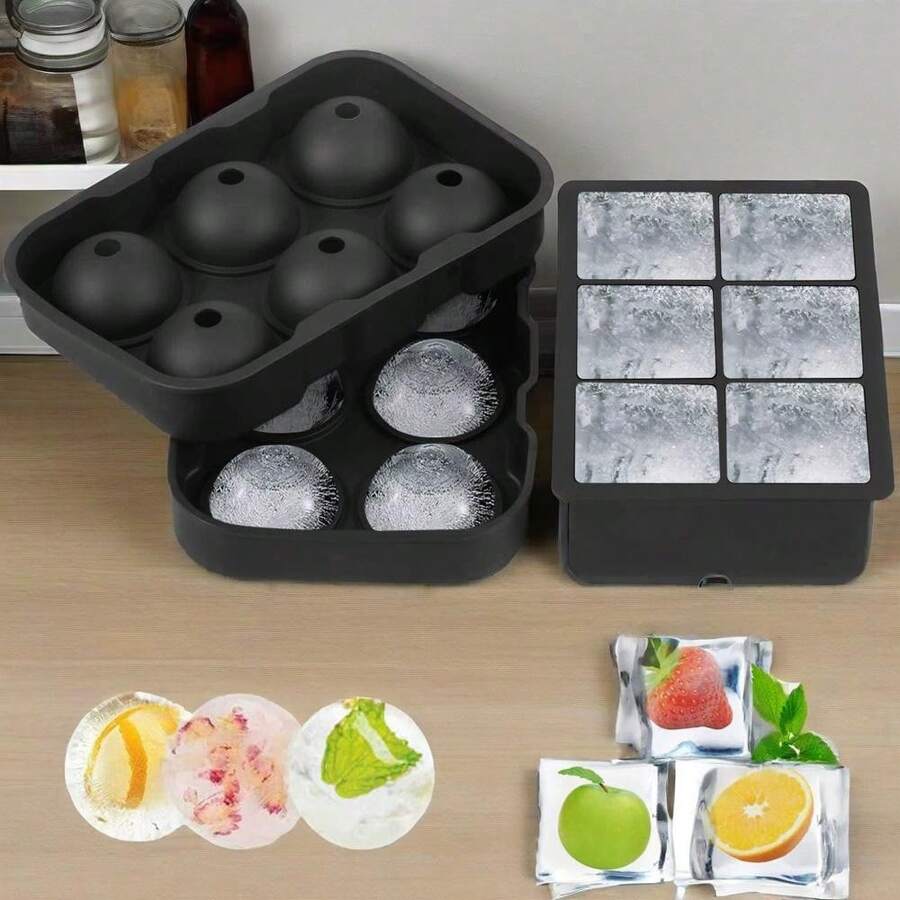 Large Ice Cube Molds, Big Round Whiskey Ice Cube Trays For Freezer, Easy To Fill & Release, Whiskey Bourbon Cocktail(1.6In*6 Balls- Black/2 Pack) - 黑色 - 查看 1