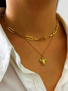 1 pieza Collar metálico con geometría en capas de acero inoxidable con diseño de tortuga marina, versátil para mujer