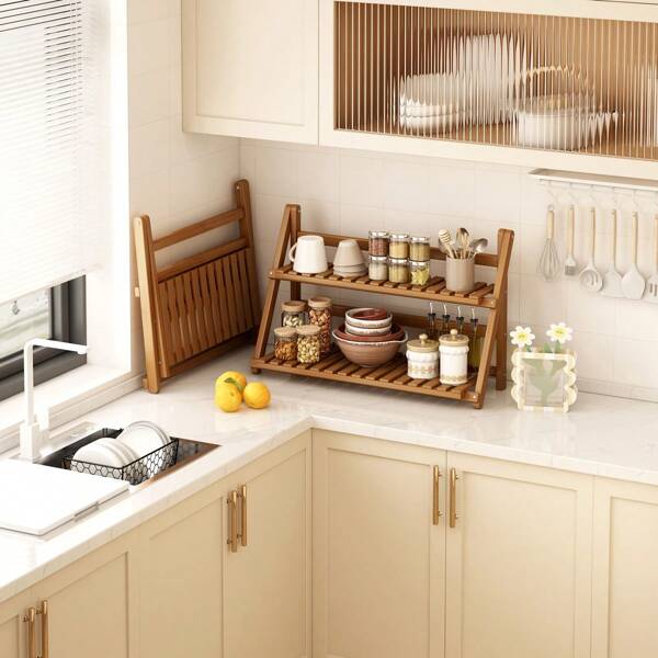 1pc Bamboo Kitchen Storage Rack, Foldable Desktop Organizer Shelf, Small Multi-Purpose Household Storage Rack