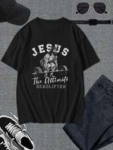 Camiseta de levantamiento de pesas para hombre y joven - Jesús, el levantador de pesas definitivo - Ropa cristiana para entrenamiento en el gimnasio, ropa para levantamiento de pesas basada en la fe, camiseta negra de manga corta para entusiastas del fitness - Negro - Ver 1