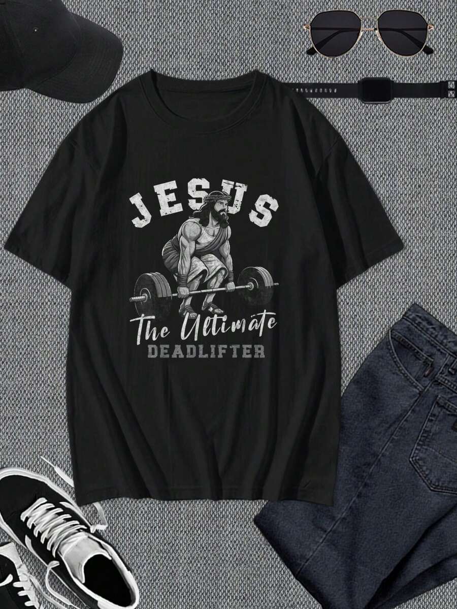 Camiseta de levantamiento de pesas para hombre y joven - Jesús, el levantador de pesas definitivo - Ropa cristiana para entrenamiento en el gimnasio, ropa para levantamiento de pesas basada en la fe, camiseta negra de manga corta para entusiastas del fitness - Negro - Ver 1