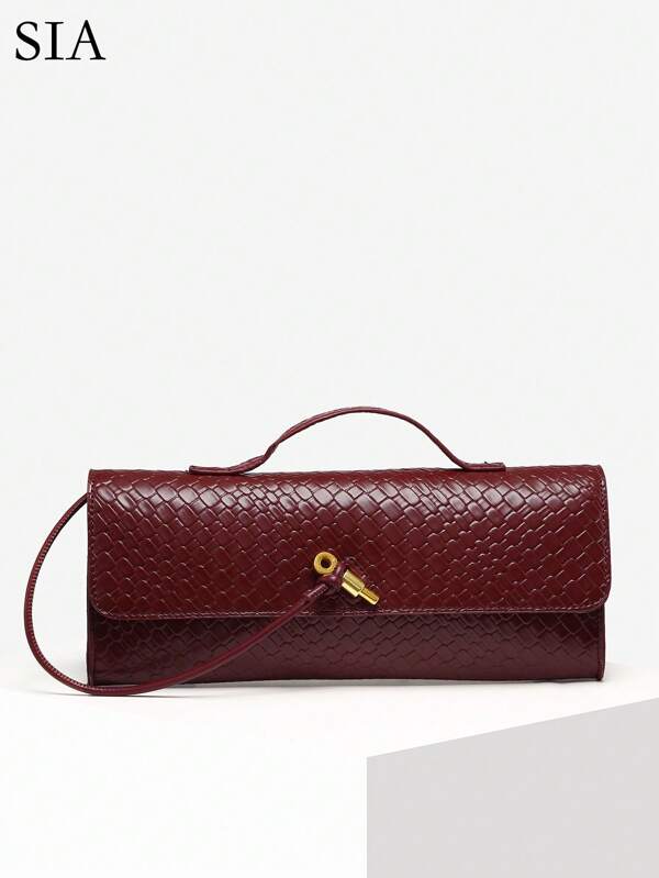 SIA Women Vintage Minimalist Faux Woven Texture Angola Red Retro Flap Lock Large Capacity Clutch Bag, Handbag, Shoulder Bag Suitable For Evening Parties, Daily Wear