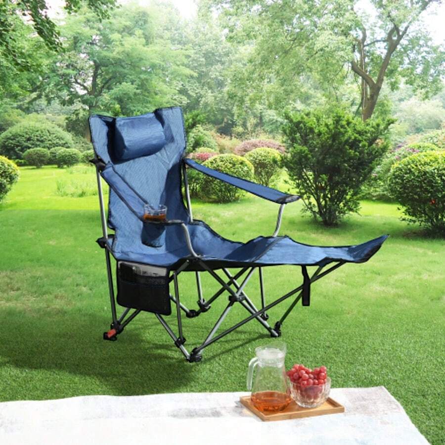 Silla reclinable ajustable para camping - Plegable y portátil con 3 posiciones, portavasos, bolsillo lateral y bolsa de transporte - Ideal para exteriores, playa, deportes - Azul oscuro - Azul - Ver 1