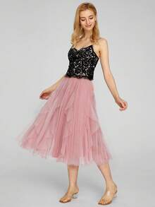 Ruffle Hem Pleated Tulle Skirt - Dusty Pink - View 5