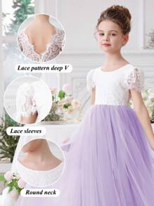 Young Girl Lace Trim V-Neck Mesh Princess Dress, Suitable For Birthday Party, Valentine's Day Gift, Prom, Party, Important Occasions, Holiday Celebration, Stage Performance