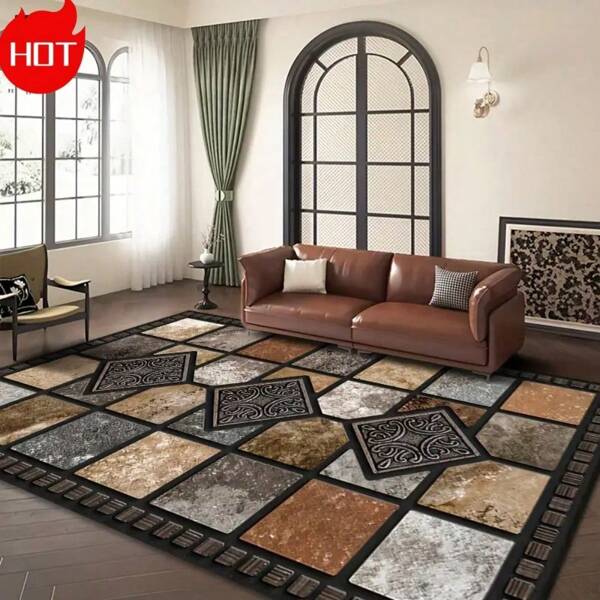 A Large Area Rug/Camping Blanket Suitable For Courtyard/Indoor Use, Featuring Personalized Bohemian Large Square Patterns, Made With High-Density Material And Non-Slip Bottom Particles, Fade-Resistant, Abrasion-Resistant, Highly Absorbent Back To School