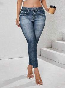 Women Plus Size Denim Effect Contrast Color Print Elastic Leggings