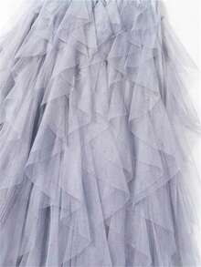 1pc Women Asymmetrical Wave Layered Cake Skirt, With Mesh Tulle Puff Skirt - Light Grey - View 4