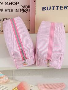 1 Pc Seersucker Hand Holding Large-Capacity Toiletry Bag, Print Stripe Makeup Pouch Travel Cosmetics Storage Bag, Candy Color Makeup Bag Woman's Cosmetic Pouch Suitable For Birthday Gifts, Travel Essential Delicate Fashion Makeup Bags Zipper Bag European And American Style Cosmetic Pouch For Woman,Girl,Ladies Lightweight Skincare Storage Bag For Travel - Multicolor - View 5