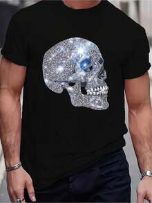 [Sparkly Skull Tee] Cotton Men's Sparkly Skull Graphic Tee - Lightweight Feel, Casual Crew Neck Short Sleeve With Beaded Detail, Perfect For Summer Outings & Golf - 黑色 - 查看 1