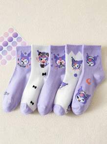 Sanrio 5 paires de chaussettes style 4 saisons Carto Anime, chaussettes mi-mollet bleues style Collège JK mignons avec motifs hello kitty, Kuromis, Cinnamorolls, My Melody, Pochaccos, Pom Pom Purins (Certaines parties peuvent être aléatoires)