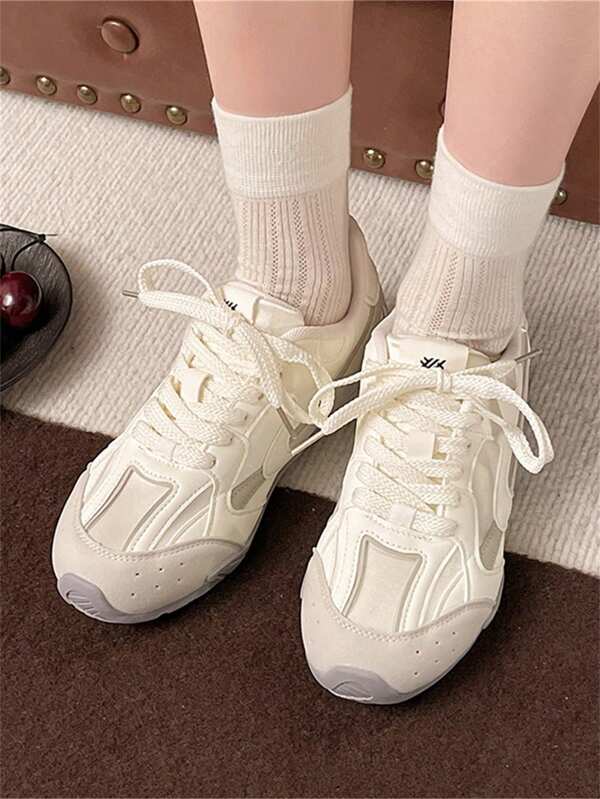 Women's Comfortable Breathable Lace-Up Low-Top Sneakers, Colorblock Design, Casual Sports Style, Suitable For Daily Wear