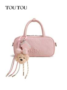 TOUTOU 原创可爱卡通狗吊坠细节设计师灵感手袋和秋季保龄球包和波士顿包，轻巧安静奢华纹理图案素食皮革棕色钱包，轻巧安静奢华纹理图案素食皮革棕色钱包和双手柄手提包，极简主义复古拉链单肩包，适合旅行必需品，教师礼物