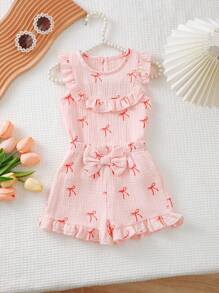 Baby Girls Bow Decor Sleeveless Printed Top + Bow Shorts 2pcs Set, Elegant And Cute Series, Essential Baby Summer Outfit