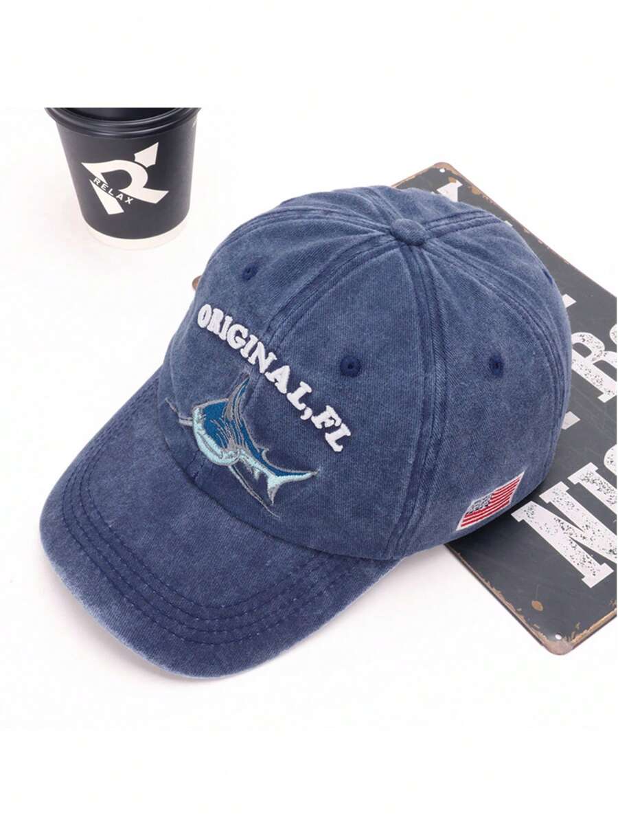 Distressed Vintage Shark Pattern Baseball Cap, Casual Adjustable Strap Dad Hat With Embroidery