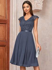 MIUSOL Floral Lace V-Neck Ruffle Trim Cap Sleeve Chiffon Pleated Hem Prom Party Swing Dress