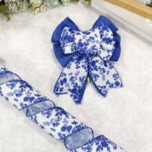 2Rolls, Blue White Floral Wired Edge Ribbon, Chinoiserie Ribbon Vintage Floral Peony Patterned Fabric Ribbon For Gift Wrapping, Wedding Deration, Wreath Bow Making