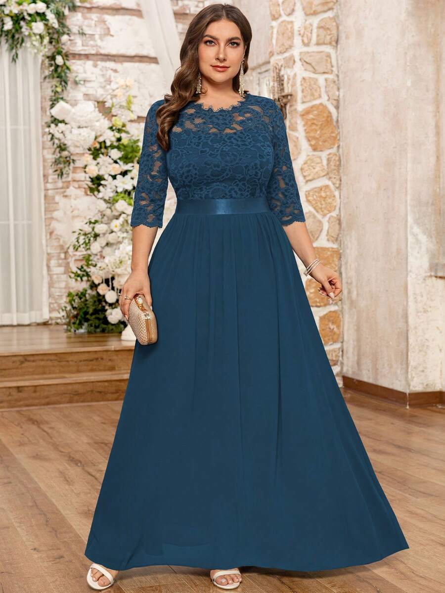 MIUSOL Đầm dạ hội maxi dáng xòe thân ren hoa cho nữ size lớn, đầm tiệc sang trọng cho khách mời đám cưới, lễ tốt nghiệp, tiệc tối - Màu xanh bụi bặm - Xem 1
