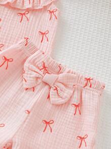 Baby Girls Bow Decor Sleeveless Printed Top + Bow Shorts 2pcs Set, Elegant And Cute Series, Essential Baby Summer Outfit
