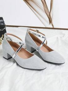 Silver Glitter Basic Party Shoes For Women, Block Heel Square Toe Criss-Cross Strap Slip-On, Suitable For Dancing And Commuting