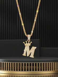 1 件时尚流行水钻镶皇冠和首字母吊坠项链，配费加罗链项链，适合男女日常百搭珠宝，适合新年和生日礼物 - 金色 - 查看 1