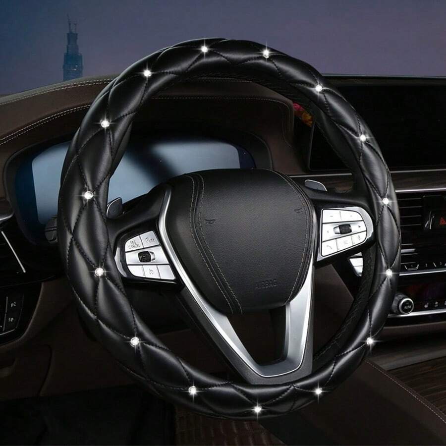 1pc Diamond Leather Shiny Universal Car Steering Wheel Cover 15 Inch Women's Fashion Car Accessory - Multicolor - View 1