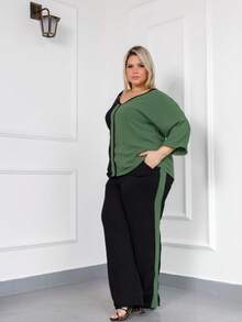 Maison Raglan Sleeve Blouse And Plus Size Trousers Summer Set - 軍綠色 - 查看 2