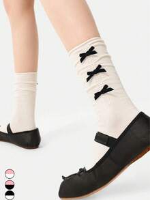 3 Pairs Women's Bow Ruffle Mid-Calf Socks, Contrast Color Design, Eye-Catching Socks For Dates, Gatherings, And Parties - Multicolor - View 3