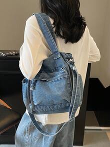Túi tote jeans nhiều ngăn thời trang mới, túi đeo vai cỡ lớn đa năng dành cho nữ, túi đi học kiểu sinh viên, túi đeo chéo jeans cỡ trung, phù hợp cho đi làm, mua sắm, sử dụng hàng ngày và đi học, hoàn hảo cho phong cách cao bồi. - Màu xanh lam - Xem 6