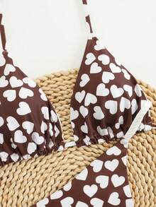 女式露背系带比基尼套装，带心形印花和丁字裤，休闲弹力泳装 - 咖啡棕 - 查看 5