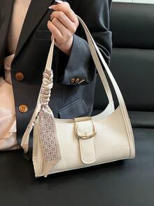 1pc Crocodile Embossed Strap Decor Minimalist Fashion One Shoulder Baguette Bag With Scarf - Beige - View 12