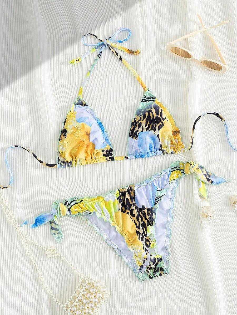 女士可爱花卉蕾丝褶皱比基尼两件套，适合夏季海岛度假游泳 - 彩色 - 查看 1