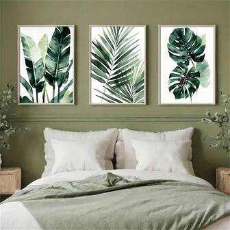 1Pc/3Pcs Botanical Tropical Plant Watercolor Leaves Branch Wall Art Set - Palm & Monstera Leaf, Canvas Posters For Modern Home Decor - Perfect For Living Room, Bedroom, Office - Unique Gift Idea Framed/Unframed ,Wall Art With Frame