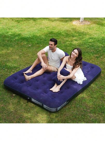 Colchón de aire flocado de lujo para acampar con bomba de aire eléctrica gratuita, impermeable, para interiores y exteriores, inflado rápido, colchón de cama de aire con superficie cómoda Colchón de aire Dual Deluxe de doble elasticidad, material PVC, almohadilla rectangular, sin carga, con sistema de inflado/desinflado rápido, para camping, viajes, cama de emergencia para el hogar, sin bomba incluida