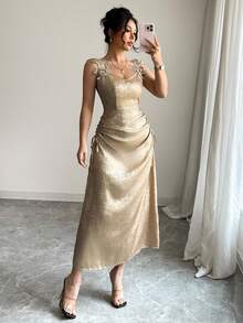 女士优雅蕾丝细节收腰A字不对称下摆长裙，适合度假、旅行、夏季穿着和情人节。 - 金色 - 查看 2