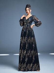 Mgiacy,New Arrival,Cross-Over Collar,Elegant,Evening Gown Dress,Sequin,Toothpick Pleat,Lantern Sleeve,Long Dress,FOR,Dinner Party - Black - View 4