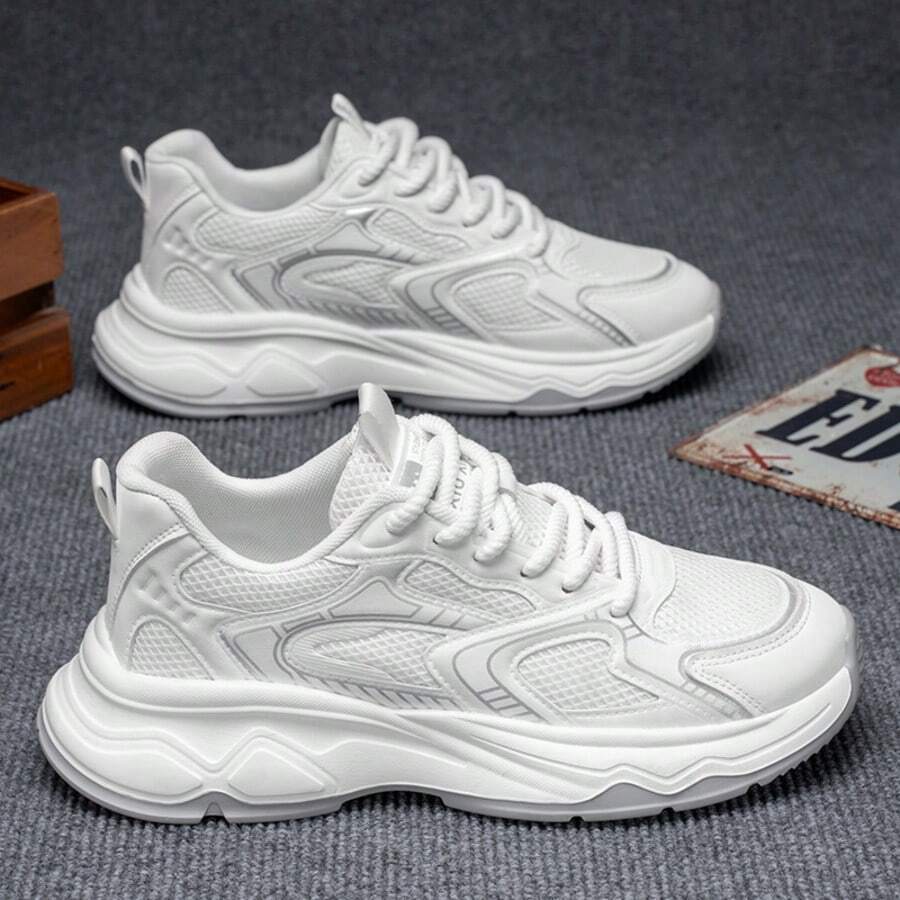 Men's 2025 New Arrival White Chunky Sneakers, Breathable Mesh Upper Low-Top Lace-Up Casual Sporty Shoes, Soft Sole Non-Slip Outdoor Running Shoes, Suitable For Workout, Commuting